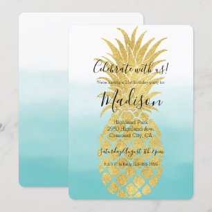 Invitación Glam Gold Pineapia Aqua Watercolor Ombre