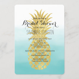 Invitación Glam Gold Pineapple Aqua Watercolor Ducha de novia