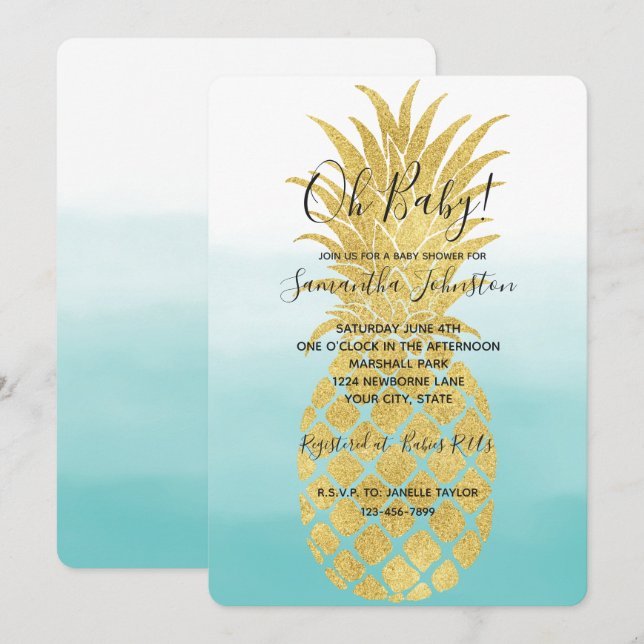 Invitación Glam Gold Pineapple Aqua Watercolor Ombre (Anverso / Reverso)
