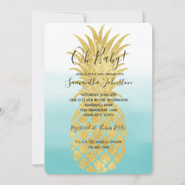 Invitación Glam Gold Pineapple Aqua Watercolor Ombre