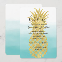 Invitación Glam Gold Pineapple Aqua Watercolor Ombre