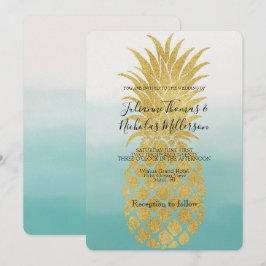 Invitación Glam Gold Pineapple Aqua Watercolor Ombre Boda
