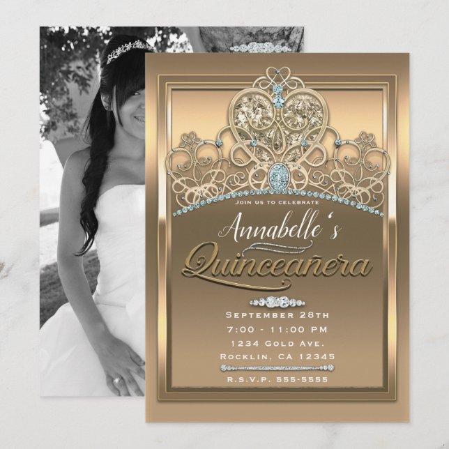 Invitación Glam Gold Princess Corazón Tiara Quinceañera Foto (Anverso / Reverso)