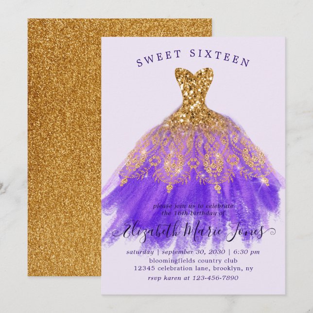 Invitación Glam Gold Purple Sparkle Vestido dulce 16 cumpleañ (Anverso / Reverso)