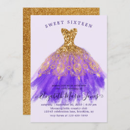 Invitación Glam Gold Purple Sparkle Vestido dulce 16 cumpleañ