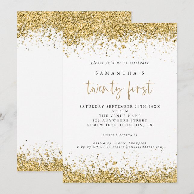 Invitación Glam Gold Purpurina 21st Birthday Fiesta (Anverso / Reverso)
