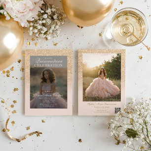 Invitación Glam Gold Purpurina 2 fotos Quinceañera rubia Qr