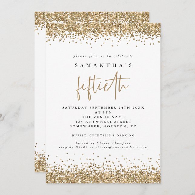 Invitación Glam Gold Purpurina 50º Fiesta White (Anverso / Reverso)