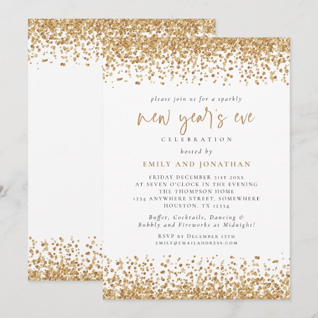 Invitación Glam Gold Purpurina Año Nuevo Eve White (Anverso / Reverso)