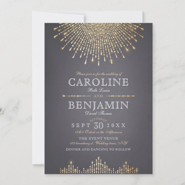 Invitación Glam gold purpurina art deco vintage (Anverso)