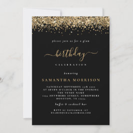 Invitación Glam Gold Purpurina Black Cualquier cumpleaños de 