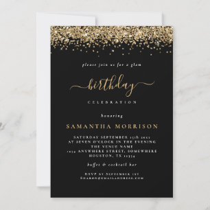 Invitación Glam Gold Purpurina Black Cualquier cumpleaños de 