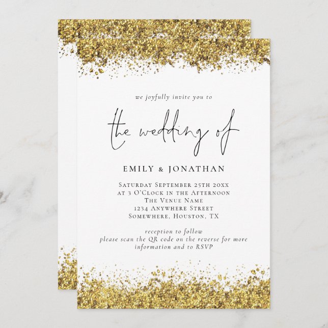Invitación Glam Gold Purpurina Borders Script QR Code Boda (Anverso / Reverso)
