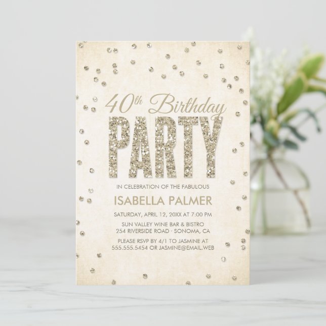 Invitación Glam Gold Purpurina Confetti 40.º Fiesta de cumple (Anverso de pie)