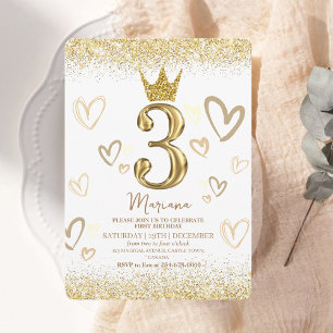 Invitación Glam Gold Purpurina Crown 3er cumpleaños Fiesta