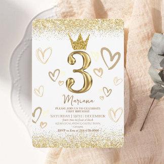 Invitación Glam Gold Purpurina Crown 3er cumpleaños Fiesta