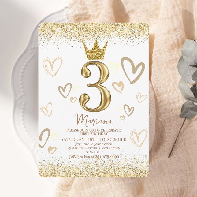 Invitación Glam Gold Purpurina Crown 3er cumpleaños Fiesta (Subido por el creador)