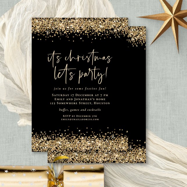 Invitación Glam Gold Purpurina Navidades deja Fiesta negro (Front and back view)