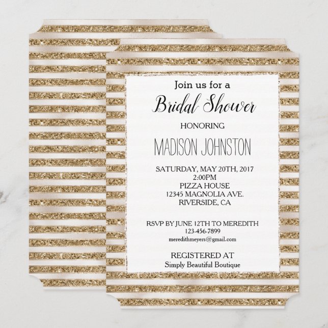 Invitación Glam Gold Purpurina Pearl Stripes (Anverso / Reverso)