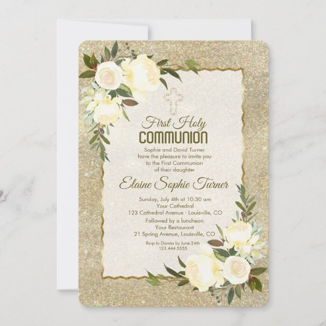 Invitación Glam Gold Purpurina Rosas Blancas Primera Santa Co (Anverso)