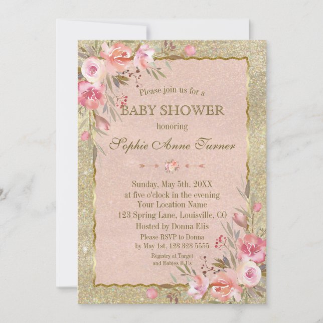 Invitación Glam Gold Purpurina Rubor Floral Baby Shower (Anverso)