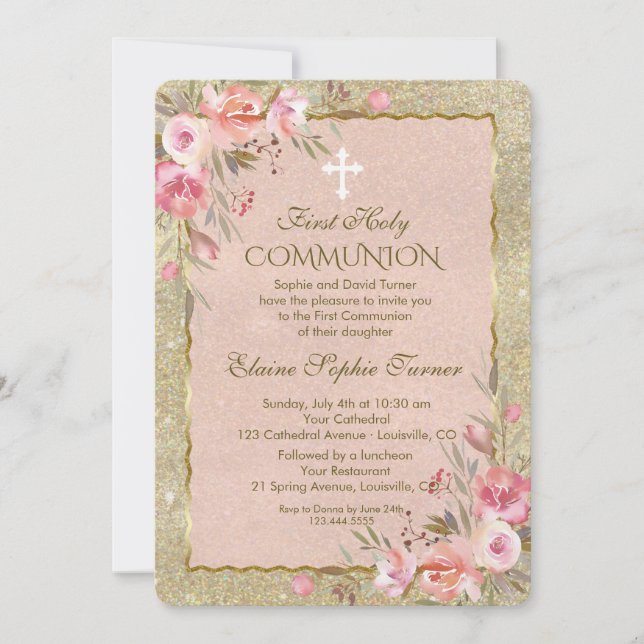 Invitación Glam Gold Purpurina Rubor Floral Primera Comunión (Anverso)