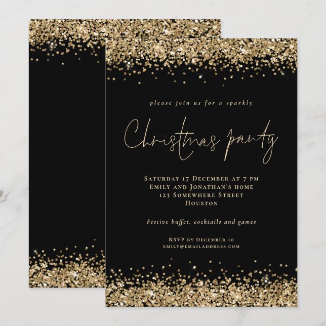 Invitación Glam Gold Purpurina Script Navidades Fiesta Negro (Anverso / Reverso)