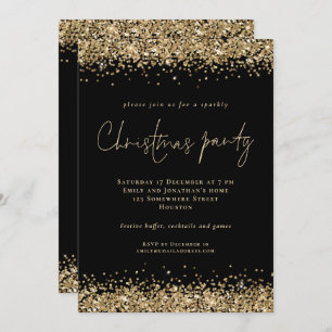 Invitación Glam Gold Purpurina Script Navidades Fiesta Negro