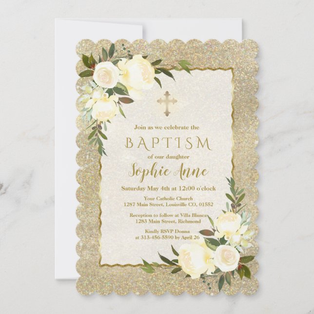 Invitación Glam Gold Purpurina White Floral Cruz de Oro Bauti (Anverso)