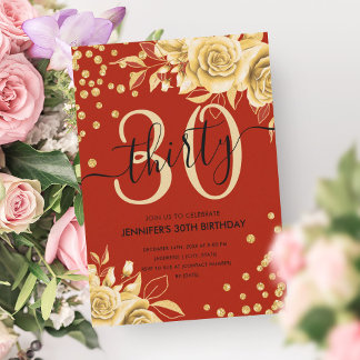 Invitación Glam Gold Red Floral Purpurina 30th Birthday Scrip