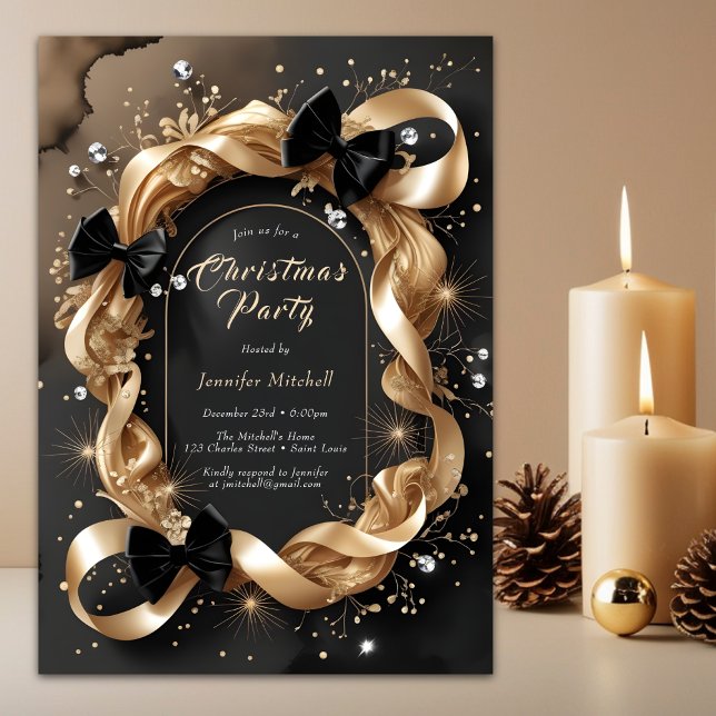 Invitación Glam Gold Ribbon Black Bow Christmas Party (Glam Gold Ribbon Black Christmas Party Invitation)