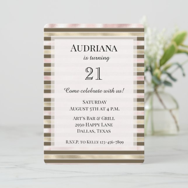 Invitación Glam Gold Rubor Pink Brown Stripes Cumpleaños (Anverso de pie)