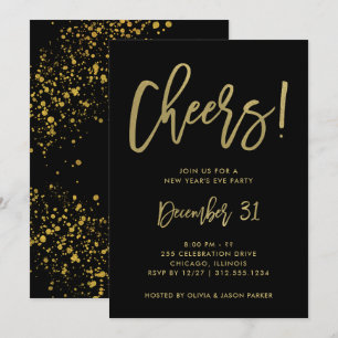 Invitación Glam Gold Script en negro   Fiesta de Año Nuevo