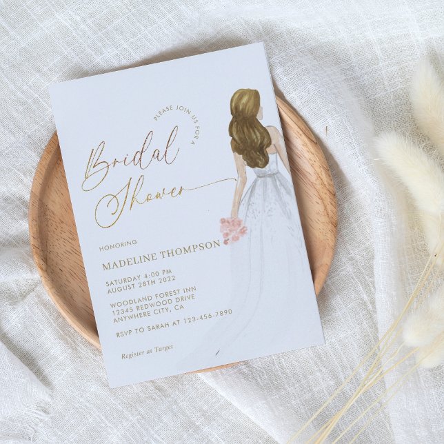 Invitación Glam Gold Script Marfil Bried Gown Shower (Subido por el creador)