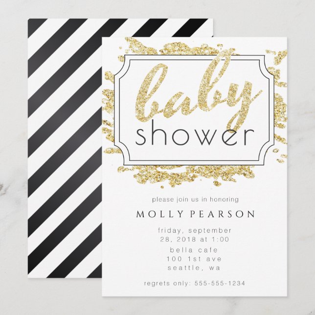 Invitación Glam Gold Sparkle Baby Shower blanco y negro (Anverso / Reverso)