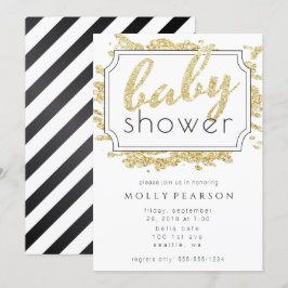 Invitación Glam Gold Sparkle Baby Shower blanco y negro