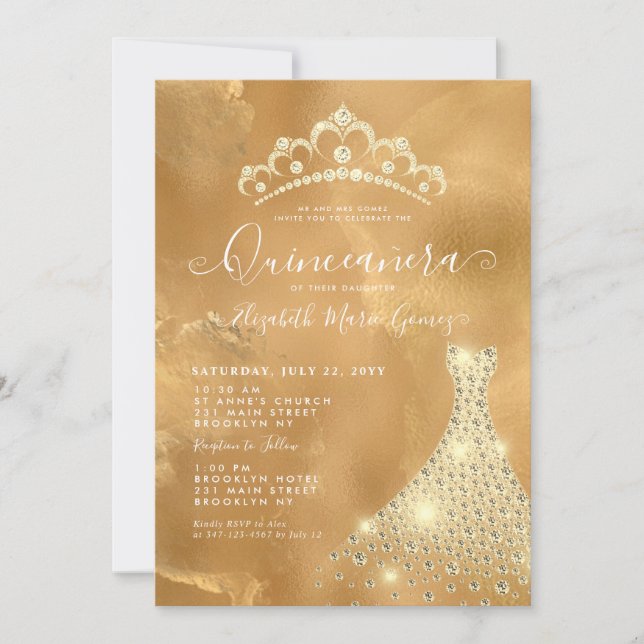 Invitación Glam Gold Sparkle Diamond Tiara Vestido Quinceaner (Anverso)