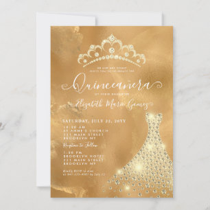 Invitación Glam Gold Sparkle Diamond Tiara Vestido Quinceaner