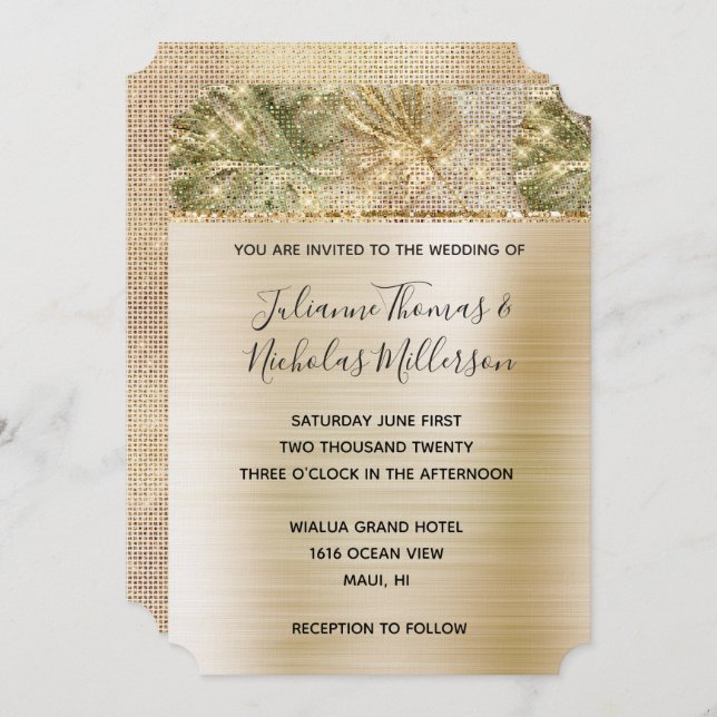 Invitación Glam Gold Tropical Leaks Sparkle Boda (Anverso / Reverso)