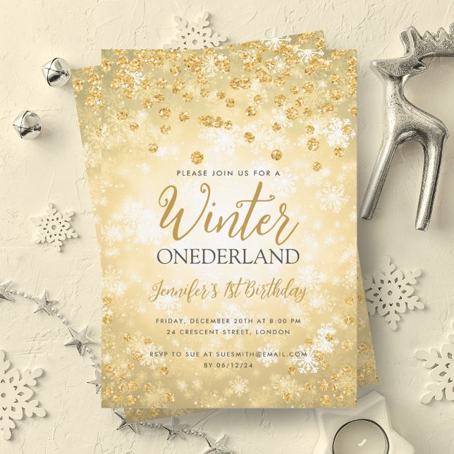 Invitación Glam Gold Winter ONEDERLAND 1º cumpleaños (Glam Gold Winter ONEDERLAND 1st Birthday Invitation)