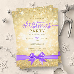 Invitación Glam Gold Winter Snowflake Company Purple Ribbon
