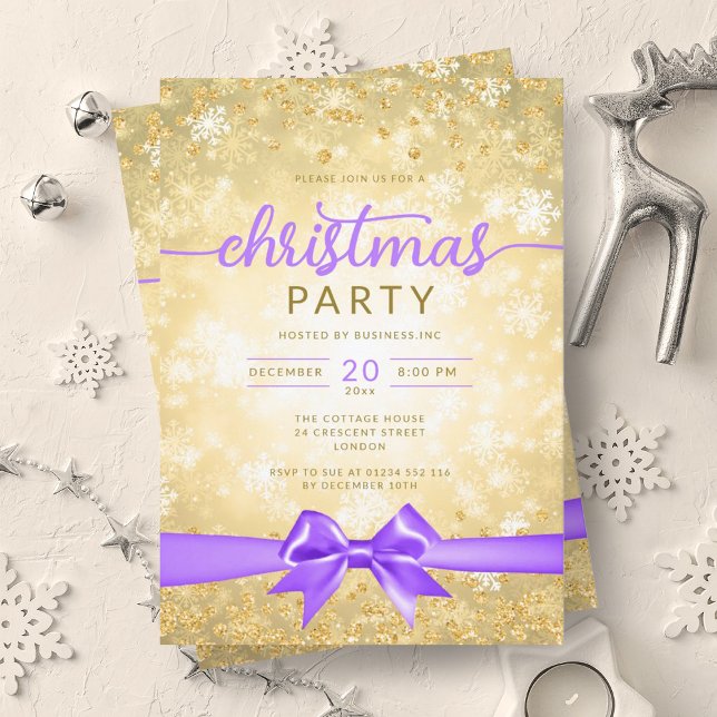 Invitación Glam Gold Winter Snowflake Company Purple Ribbon (Glam Gold Winter Snowflake Company Purple Ribbon Invitation)