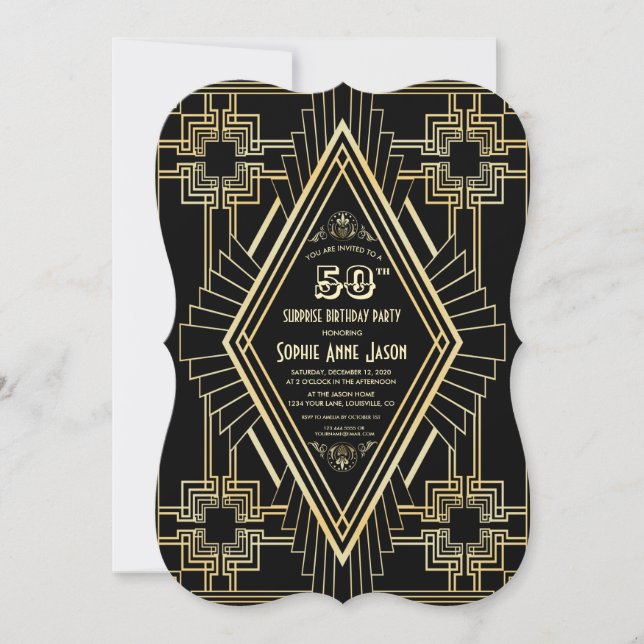 Invitación Glam Gold y Black Great Gatsby 50 cumpleaños (Anverso)