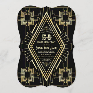 Invitación Glam Gold y Black Great Gatsby 50 cumpleaños