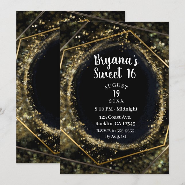 Invitación Glam Gold y Black Modern Resumen Glam Sweet 16 (Anverso / Reverso)