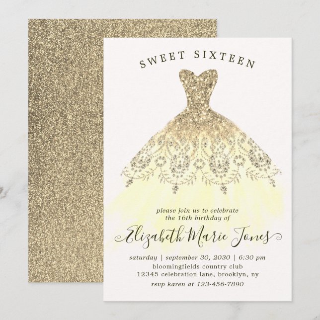 Invitación Glam Gold Yellow Sparkle Vestido dulce 16 cumpleañ (Anverso / Reverso)