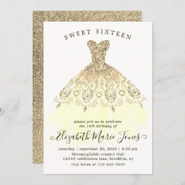 Invitación Glam Gold Yellow Sparkle Vestido dulce 16 cumpleañ