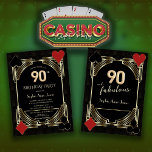 Invitación Glam Golden Art Deco Casino Poker 90th Cumpleaños<br><div class="desc">El encantador diseño de tarjetas temáticas de Casino Royale y Roaring 20. Presenta una imitación de oro de imitación vintage fleur-de-lis, estilo Hollywood Roaring 20, juegos de cartas, textura de globo de oro de 300 grados en 3D, con un patrón Art Deco negro dorado. Utilice la herramienta Personalize para agregar...</div>