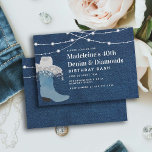 Invitación Glam, Gorra de la Bota de Chicas Vaqueras, 40° cum<br><div class="desc">Una moderna, elegante y moda 40 cumpleaños invitación a la fiesta con un tema de denim y diamantes. Presenta un fondo de denim, una bota de vaquera ante marrón con un gorra de vaquera sobre ella y un fragmento de diamantes de imitación (este es un efecto digital), y tipografía en...</div>