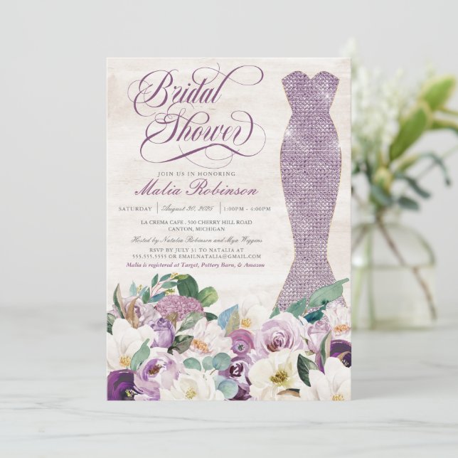 Invitación Glam Gown Rústico Floral Lavanda Bridal Ducha (Anverso de pie)
